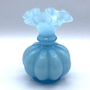 Vintage Fenton Blue Ribbed Melon Ball Bud Ruffled Vase 5.5"